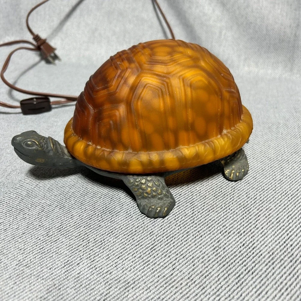 Vintage Turtle Accent Lamp Amber Glass Shell Bronze Metal Base 8.5in